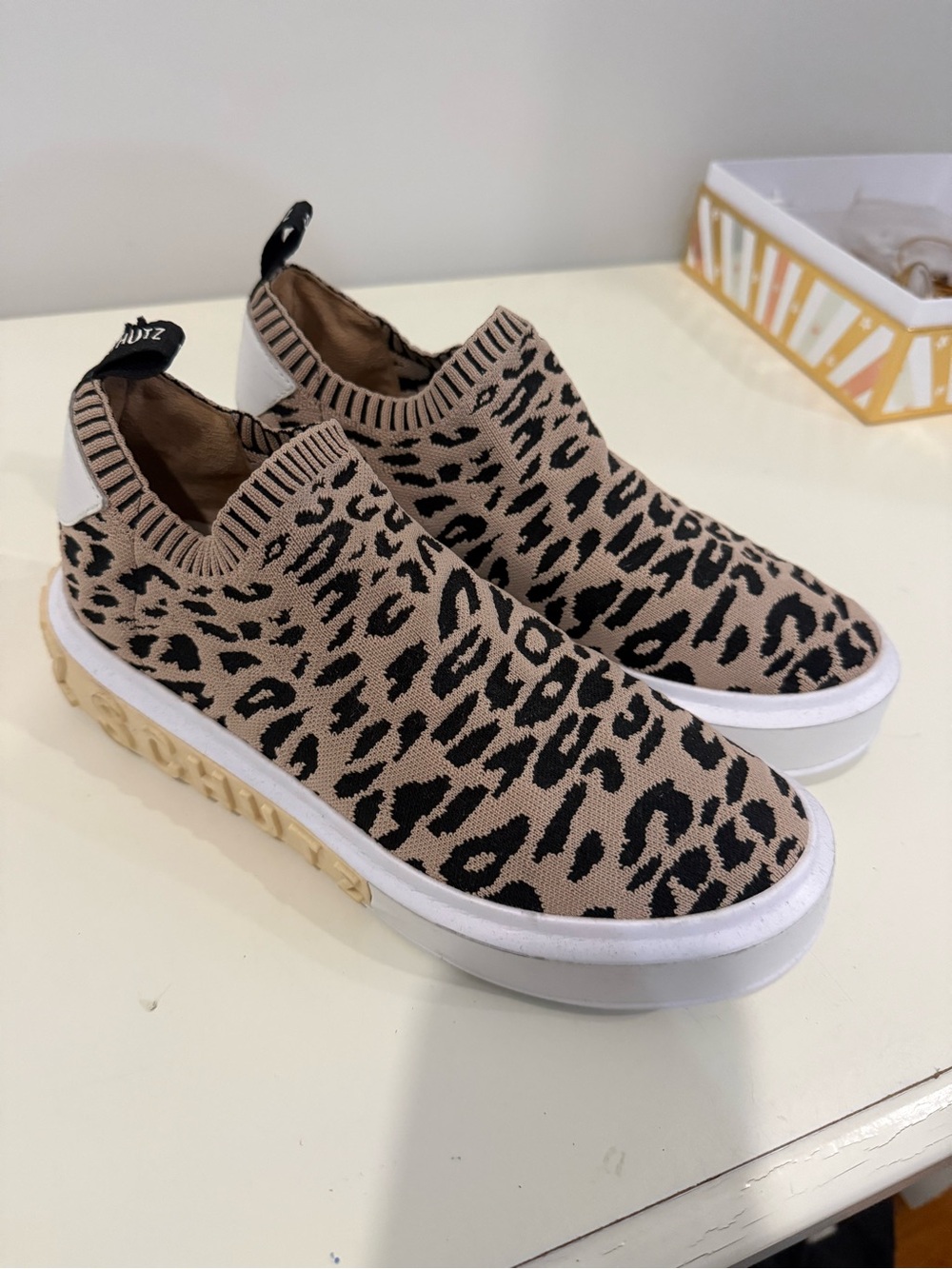 SCHUTZ Leopard Knit Slip-On Sneakers in Beige and Black